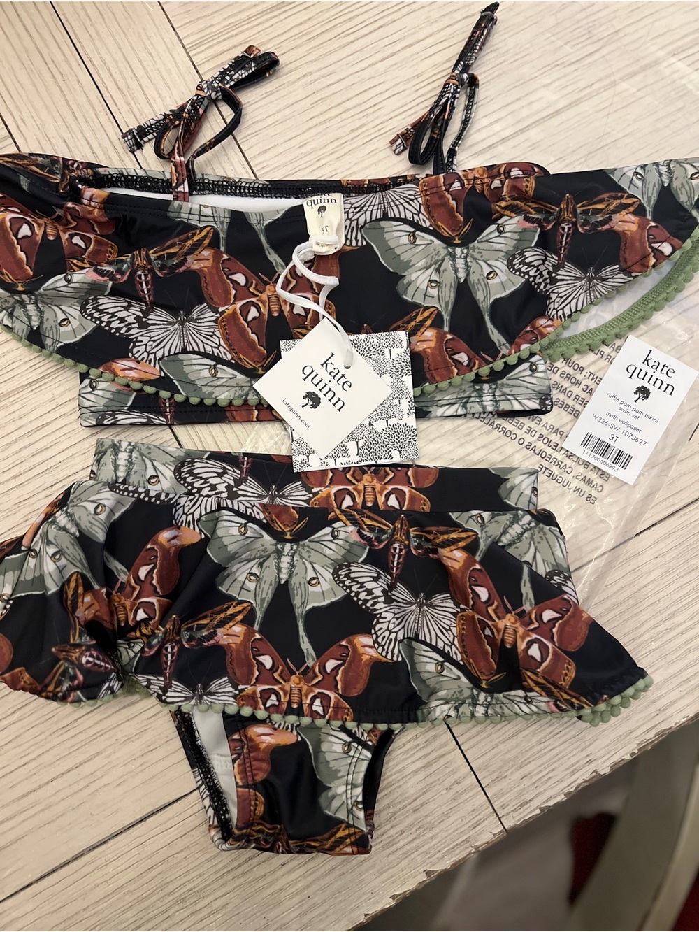 kate quinn Butterfly-Print Ruffle Pom Bikini — Black, Olive, Rust